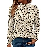 LUYAA Puff Long Sleeve Shirts for Women Tops Dressy Casual Frill Mock Neck Smocked Cuffs Blouses