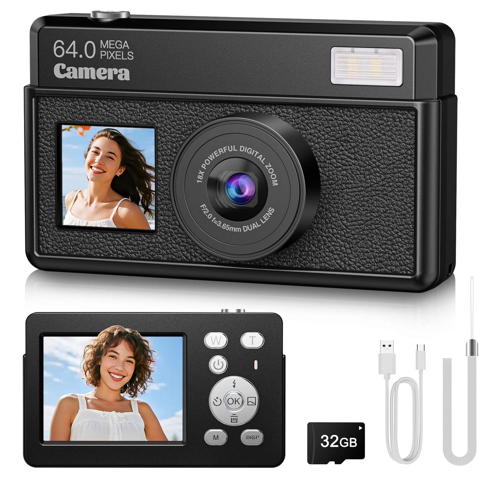 Photo 1 of **UNTESTED** 4K Digital Cameras for Photography, 64MP UHD Autofocus Compact Camera with 32GB SD Card, 2.8" Large Screen and 18X Digital Zoom, Portable Mini Video Camera, Suitable for Kids,Adult,Beginners