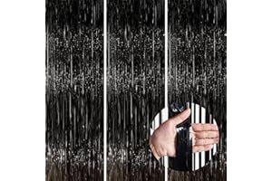 PartyWoo Black Streamers Tinsel Backdrop Curtain 3pcs 8.2ft Foil Fringe Curtain for Black History Month Juneteenth Gothic Wedding Retirement Halloween Cow Print Theme Party Celebration Decorations