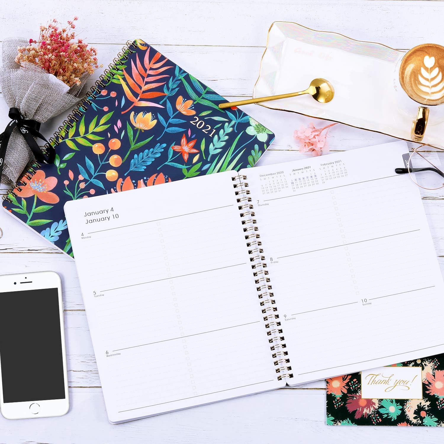 2021 Planner - Weekly & Monthly Planner with Marked Tabs, 8" x 10", Jan. - Dec. 2021, Contacts + Calendar + Holidays, Twin-Wire Binding with Thick Paper - Navy Floral : Office Products