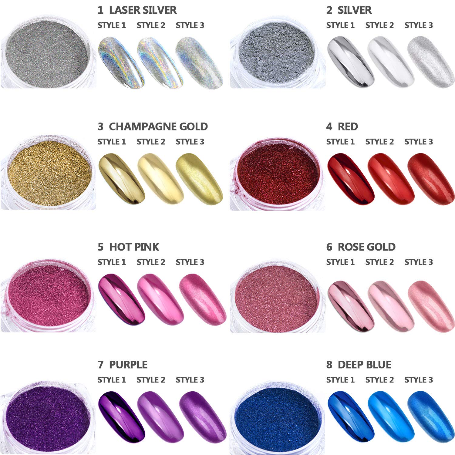 Nail Powder Wenida 8 Colors 1g/Jar Holographic Chrome Mirror Laser Synthetic Resin Pigment Manicure Art Decoration With 8pcs Eyeshadow Sticks: Beauty