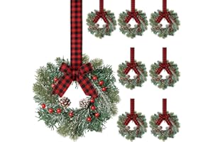 Jexine 8 Pieces Mini Christmas Wreaths for Kitchen Cabinet Small Christmas Candle Rings Wreaths Pillars Candle Rings Table Centerpieces Hanging Garlands for Front Door Window Decor (No Red Ribbon)