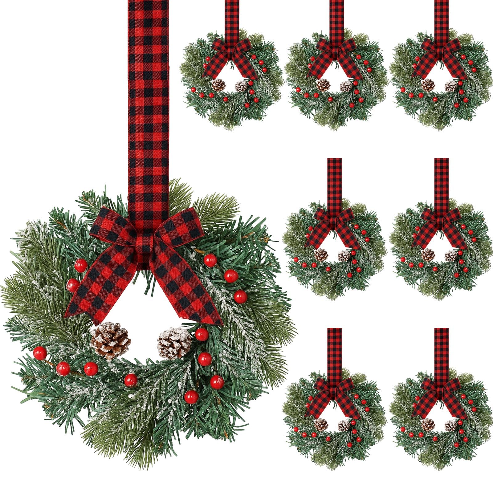 View 1 of *****SMALL****Jexine 8 Pieces Mini Christmas Wreaths for Kitchen Cabinet Small Christmas Candle Rings Wreaths Pillars Candle Rings Table Centerpieces Hanging Garlands for Front Door Window Decor (No Red Ribbon)