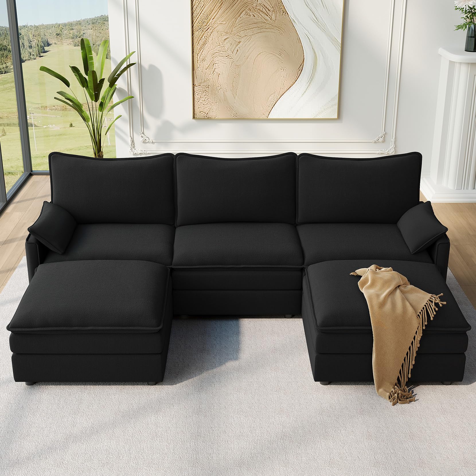 Photo 1 of ***02 boxes***Vesgantti 108" U Shaped Sectional Couch, Comfy Cloud Modular Sectional Sofa with 2 Ottoman Deep Seat Chenille Modern Cloud Sofa, Modular Sofas for Living Room, Bedroom and Apartment, Black