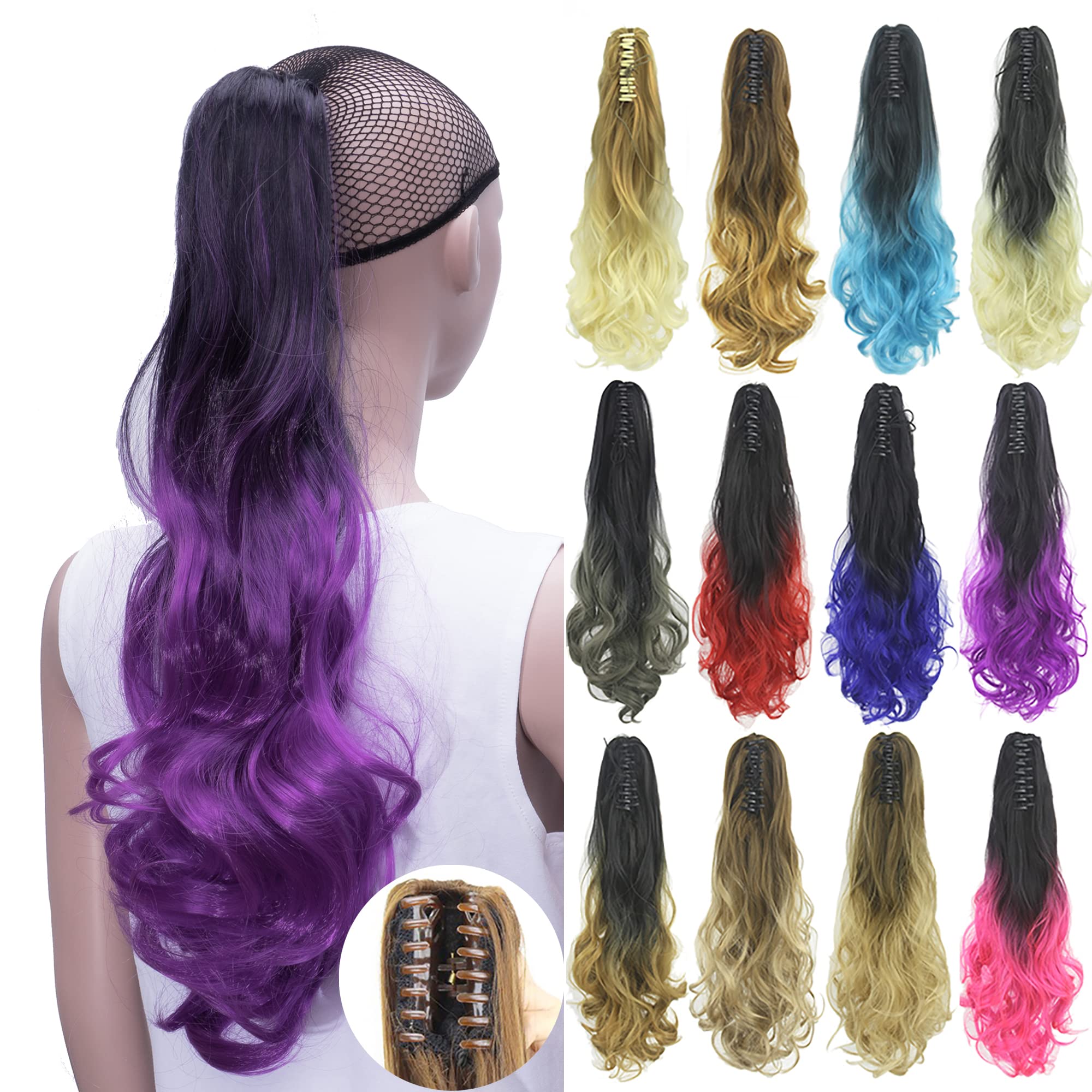 IMISSU Curly Ombre Color Claw Ponytail Hair Extensions Pony Tail Clip in Hairpiece (Ombre Purple)