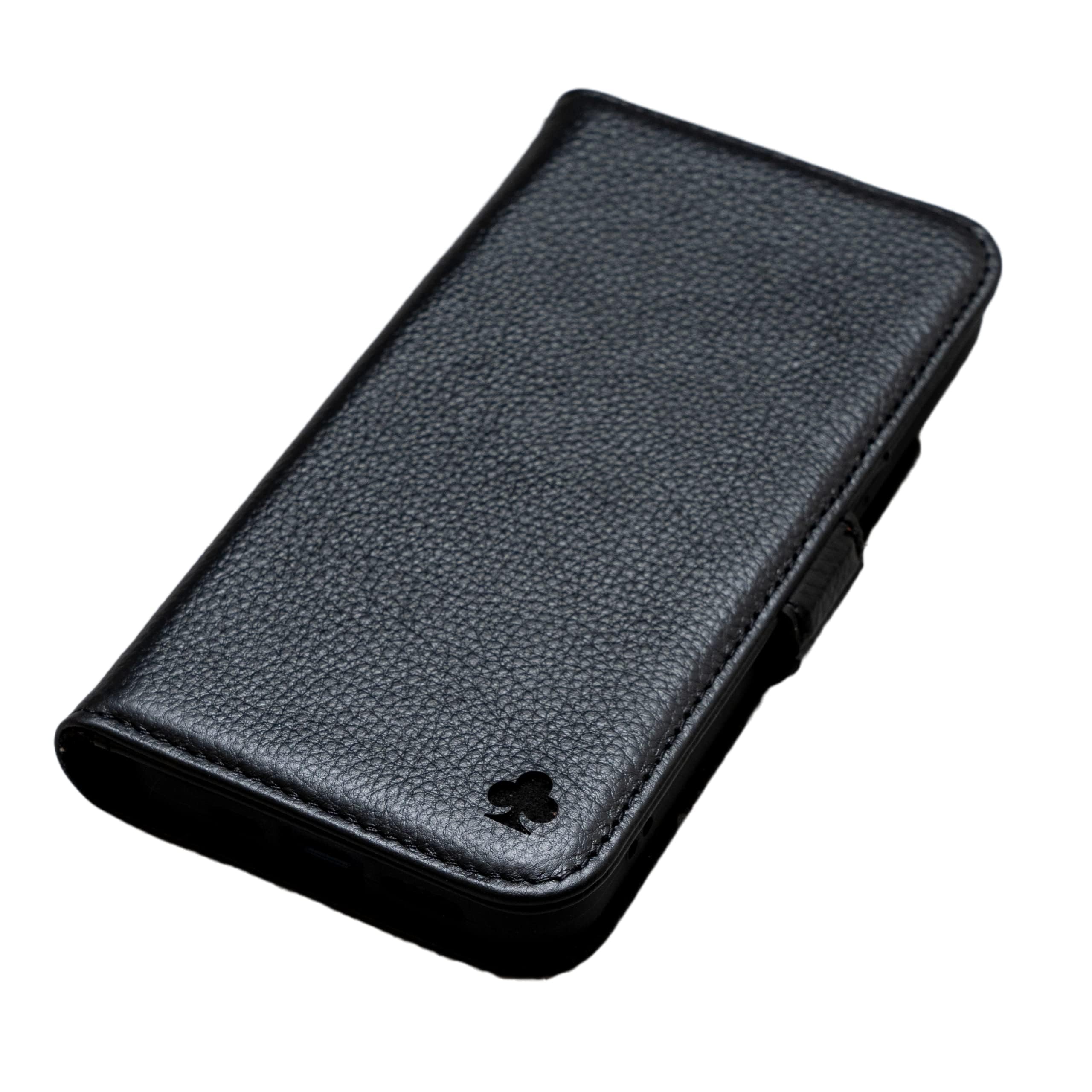 PORTER RILEY - Leather Case Compatible with iPhone 16. Premium Genuine Leather Stand/Cover/Wallet/Flip Case with Card Slots & Horizontal Stand (Pure Black)