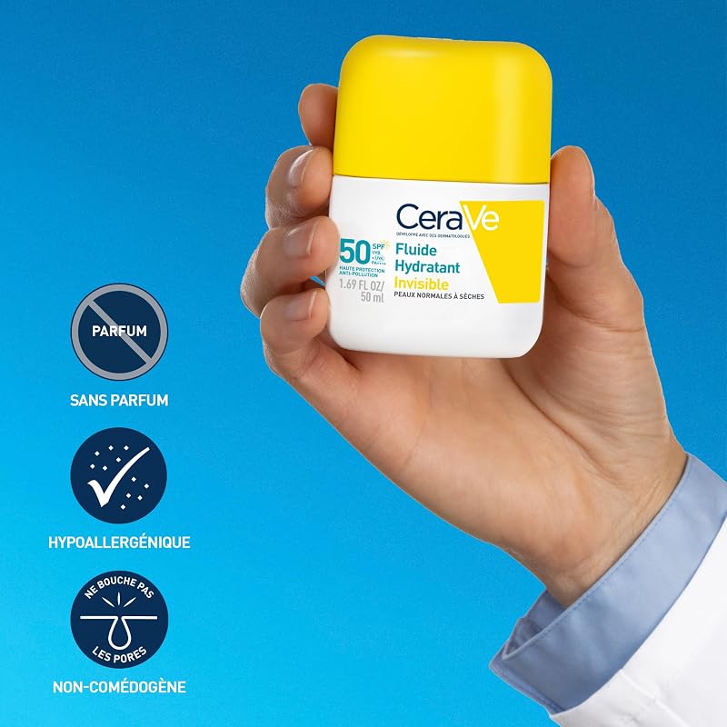 , Fluide Hydratant Invisible SPF 50 Visage, Haute Protection Solaire Visage, Peaux Normales à Sèches, Hydratation 24H, Fini Invisible, Base de Maquillage, Glycérine & Vitamine E