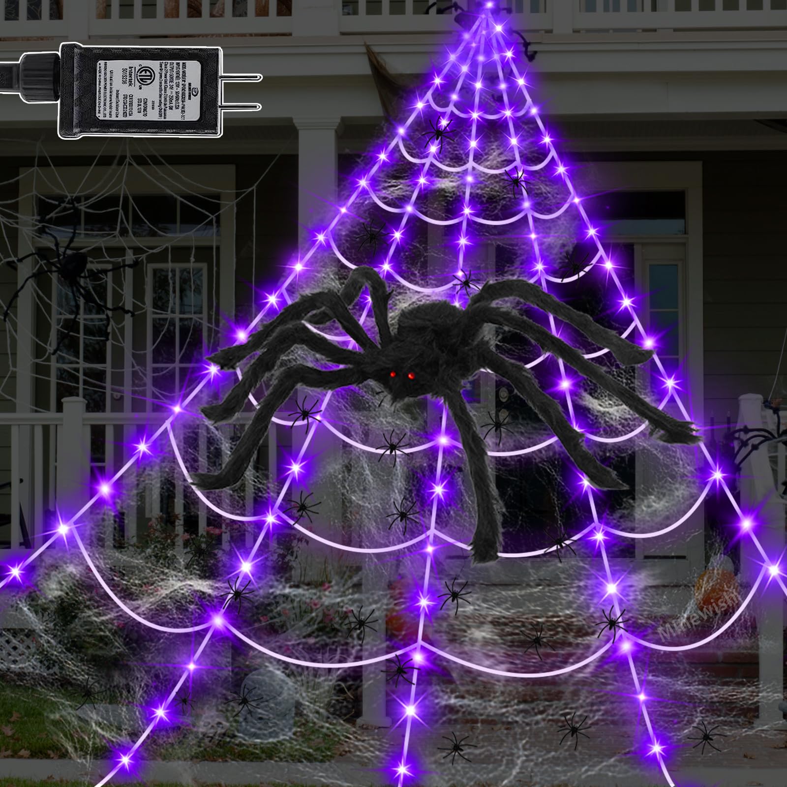 Photo 1 of Spider Web Lights Halloween Decorations Outdoor, 135 Purple LED Light Up 16.4Ft Giant Spiderweb & 60" Large Spider & 22 Small Spiders & 20g Stretch Cobweb, 8 Modes Lighted Decor for Yard Outside