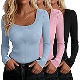 Ficerd 3 Pack Women Long Sleeve Ribbed Tops Scoop Neck T-Shirts Thermal Undershirts Casual Slim Fitted Basic Layer Tees