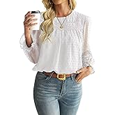 Falechay Womens Tops Long Ruffle Sleeve Shirts For Women Dressy Casual Cute Crewneck Blouses Crochet Hollow Top 2024 Fall