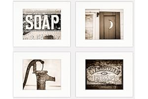 Lisa Russo Fine Art - Sepia Bathroom Wall Art or Laundry Room Decor, Set of 4 5x7" Prints Pre-Matted to 8x10,", Unframed, Vintage Look Bathroom Pictures, Soap, Pitcher Pump, Outhouse Moon,Brown