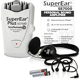 SuperEar SE7500 Hearing Amplifiers for Seniors, Personal Sound Amplifier | Personal Hearing Amplifier with Discreet Earbuds, Stereo Headphones, Volume Control Wheel, and High-Sensitivity Microphone