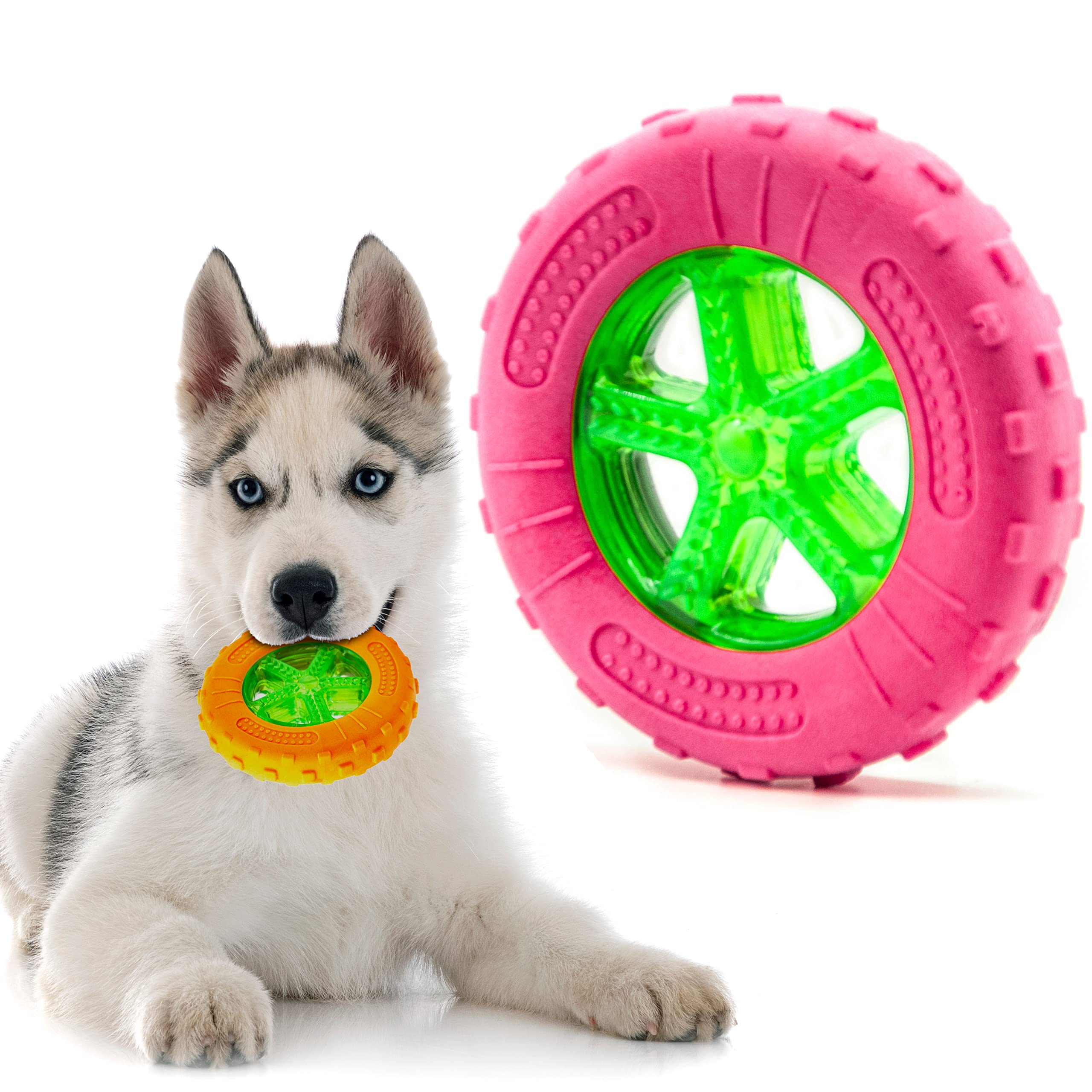 Petopedia 5 inches – Rubber Dog Chew Toys TIRE – Bright TYRE WHEEL – TPR Dogs Toy with Treat Dispensing, Fetch Play – Interactive, Boredom, Floating, Puppy Teething Toys (Pink)