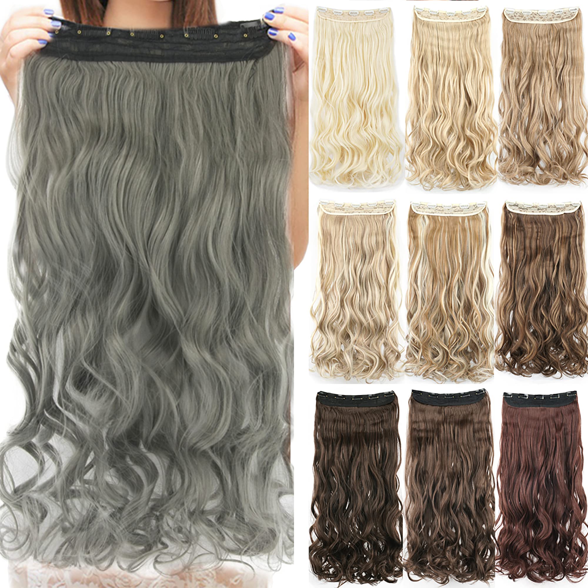 IMISSU Long Natural Thick Hair Curly Clip in on Synthetic Hair Extensions Hairpieces for Women (28 Inch,Dark Gray)