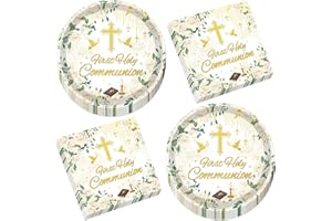 Vemfare First Communion Baptism Decorations - 50 Pcs 1st Holy Communion Party Supplies, Disposable Plates and Napkins Tablewa