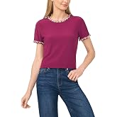 CeCe Women's Short Sleeve Crew Neck Tee with Embellished Neck &amp; Sleeve Opening