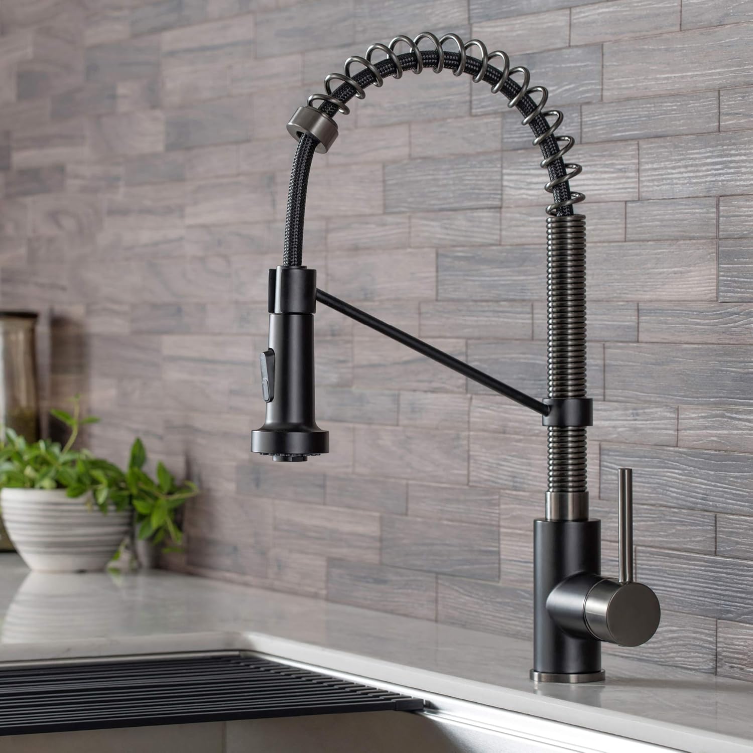 Kraus KPF-1610MBSB Bolden 18-Inch Commercial Kitchen Faucet with Dual Function Pull-Down Sprayhead in all-Brite Finish, Matte Black/Black Stainless Steel
