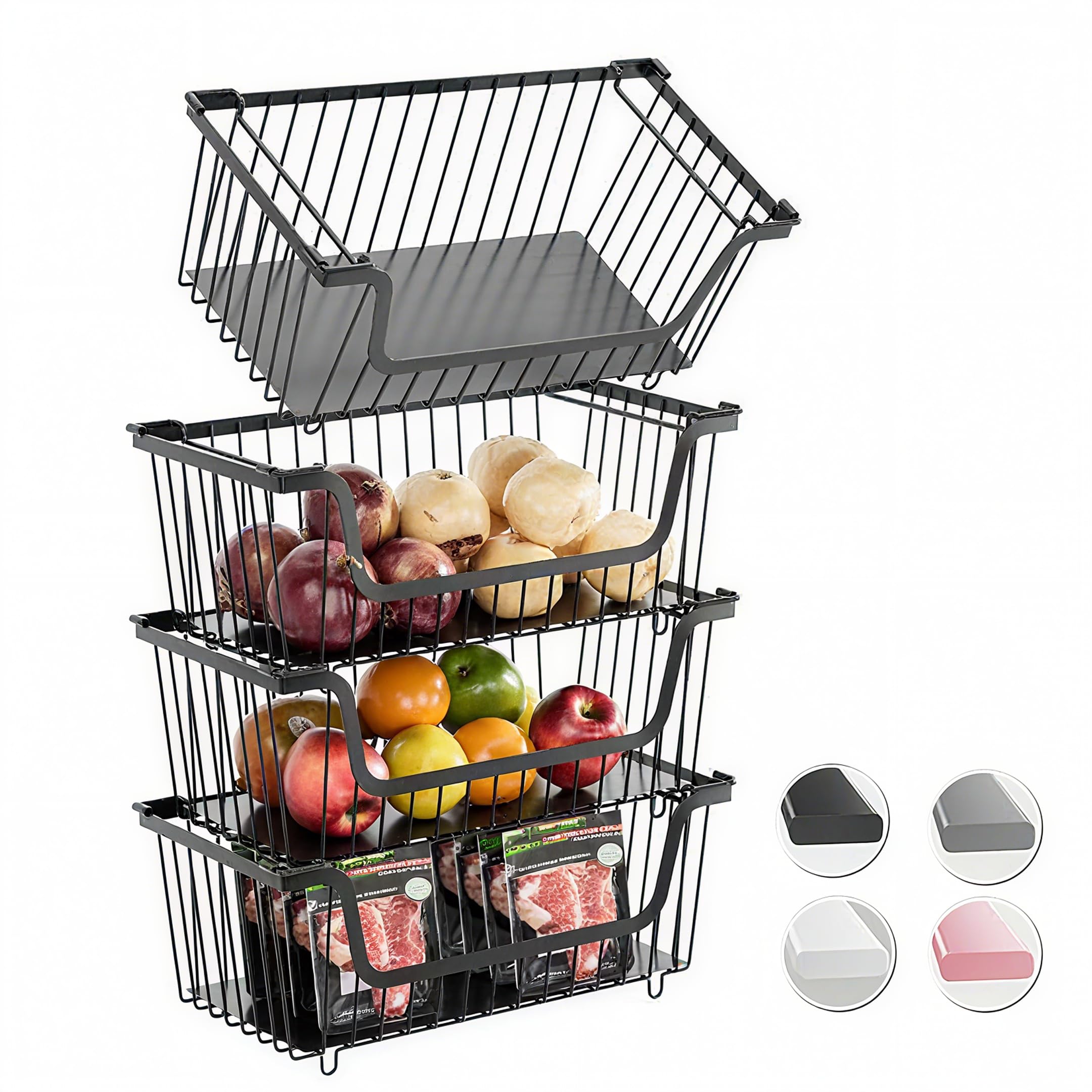 Photo 1 of 4 Pcs Stackable Wire Baskets for Pantry Organizers and Storage,Vegetable Fruit Basket for Countertop,Kitchen Storage Metal Baskets,Produce Potato Onion Storage Bin,Black