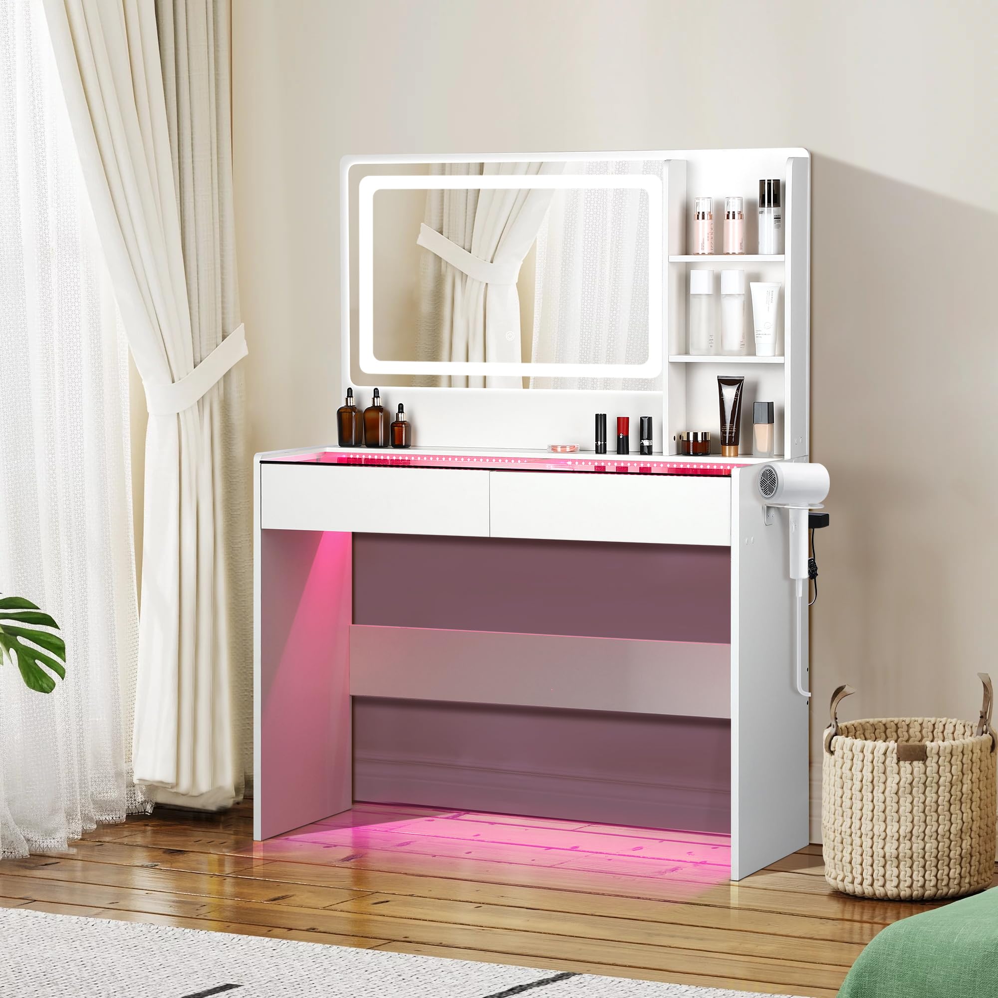 Photo 1 of ***FINAL SALE/NO RETURN, VIEW NOTES*** Cielozen Vanity Desk,Makeup Vanity Desk with Mirror and Lights,Transparent Top with LED Multiple Color Lights,Mirror 3 Color Modes 2 Drawers,Power Outlet,Dressing Table for Girls Bedroom,White