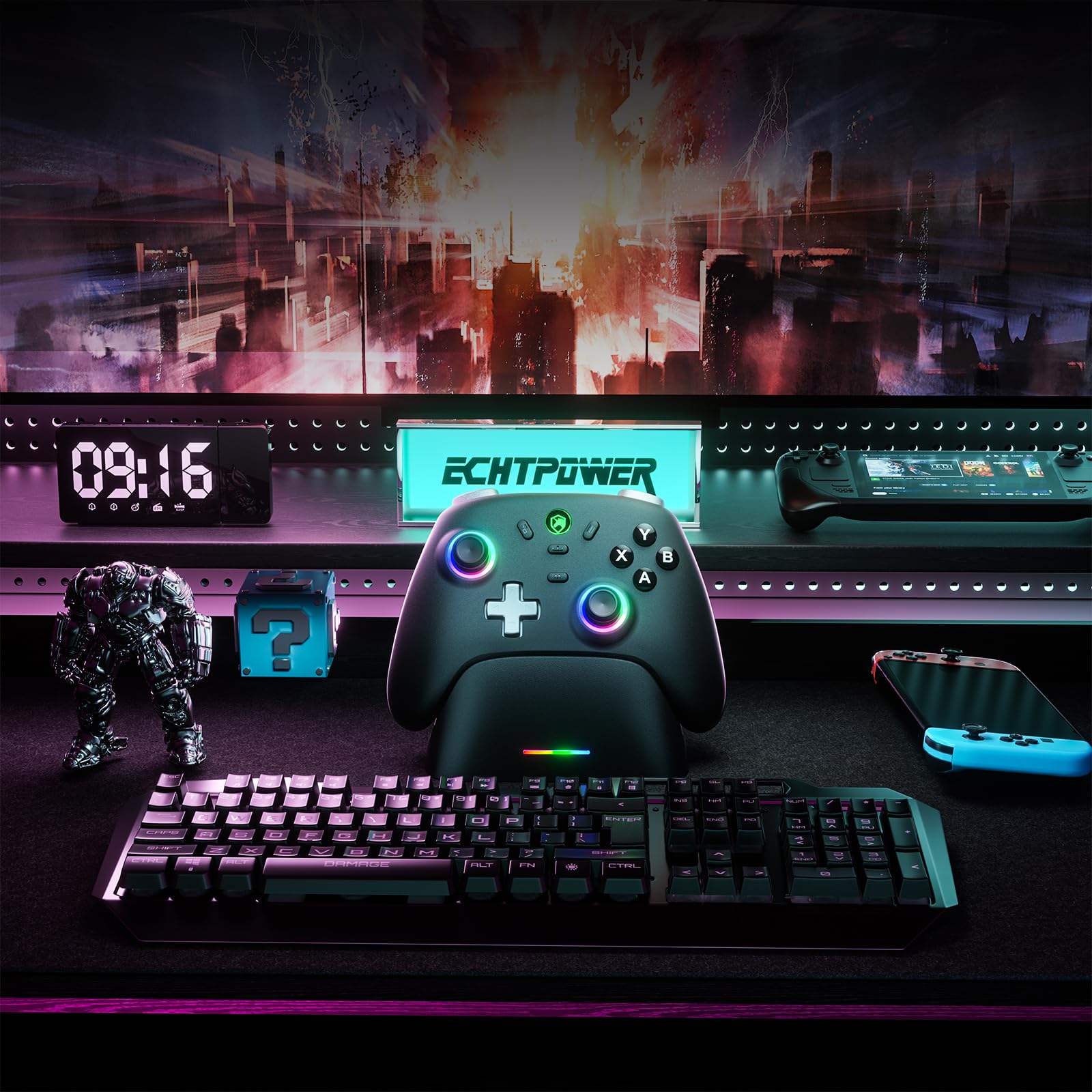 ECHTPower PC Wireless Controller, 1000Hz Gaming-Controller mit RGB/Hall-Joystick/Turbo/Vibration/800mAh Wiederaufladbare Batterie, Wireless-Controller für PC/Switch 2/Switch/Steam (Ladestation) 9