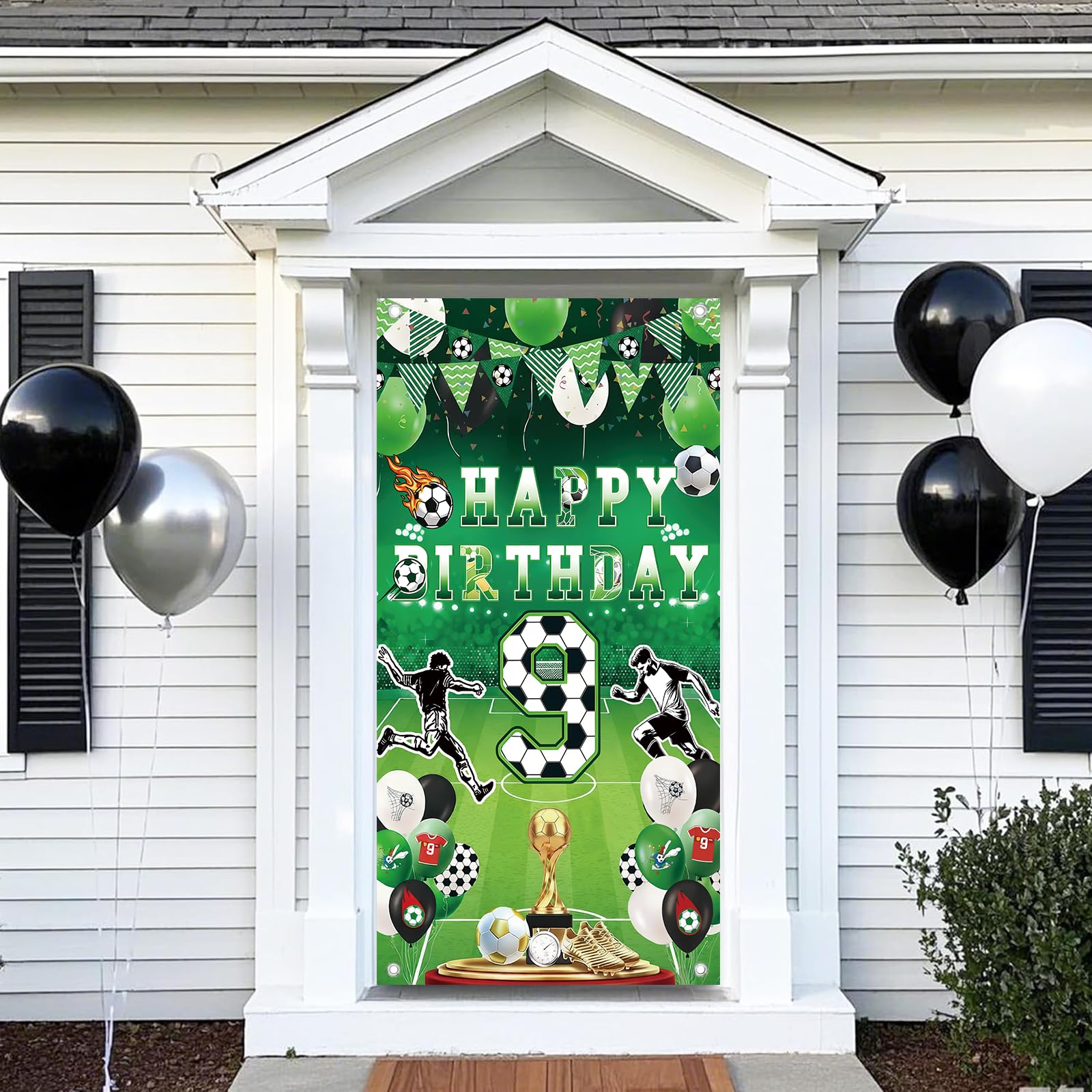 9th Birthday Decorations with Football Theme Backdrop Banner - Large Happy 9th Birthday Banner for Boys, Kids Soccer Party Supplies Door Sign 185x90cm