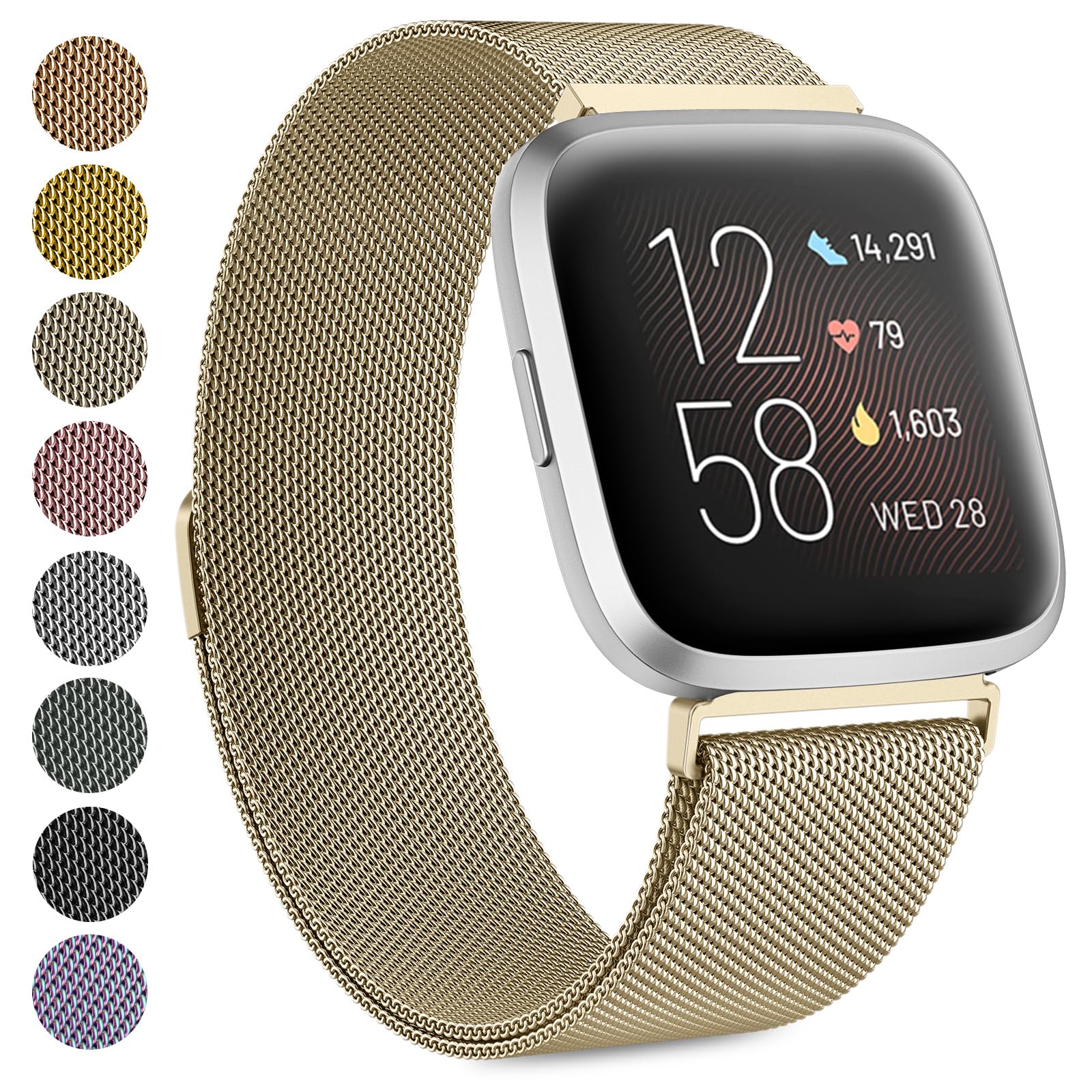 Vancle Strap compatible with Fitbit Versa Strap/Fitbit Versa 2 Straps for Women Men, Breathable Stainless Steel Mesh Loop Adjustable Wristband Replacement Metal Strap (Champagne,Small) — image 1