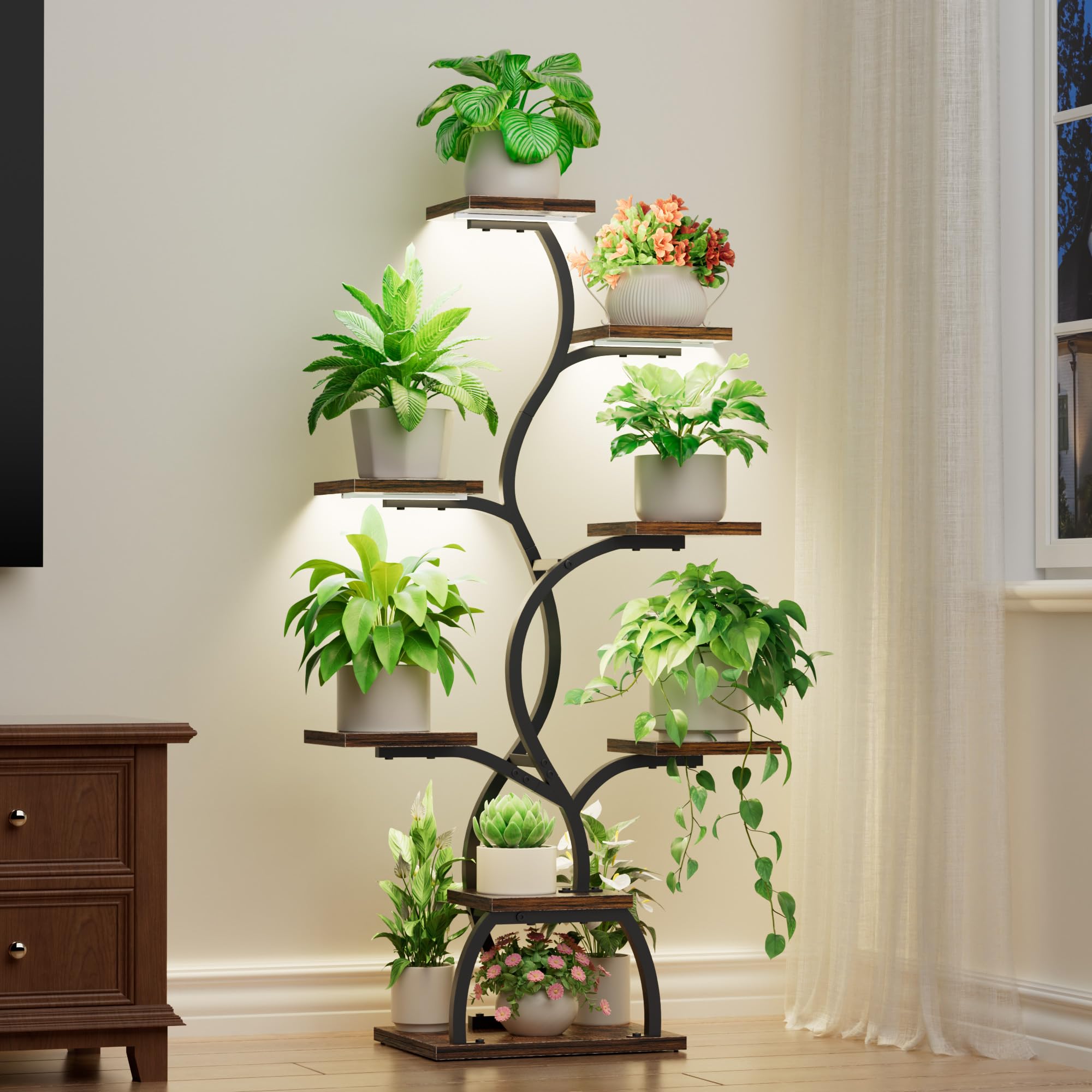 Photo 1 of EVAWOO Plant Stand Indoor with Grow Light - 8 Tiered Plant Shelf Indoor, Corner Plant Stand, 49" Tall Plant Shelf with Lights for Indoor Growing, Lighted Flower Holder for Living Room, Balcony, Black
