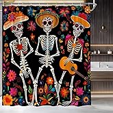 HWSSHW Sugar Skull Shower Curtain Funny Dancing Skeleton Gothic Halloween Mexican Day of The Dead Colorful Floral Fabric Bathroom Decor Bath Curtain with Hooks