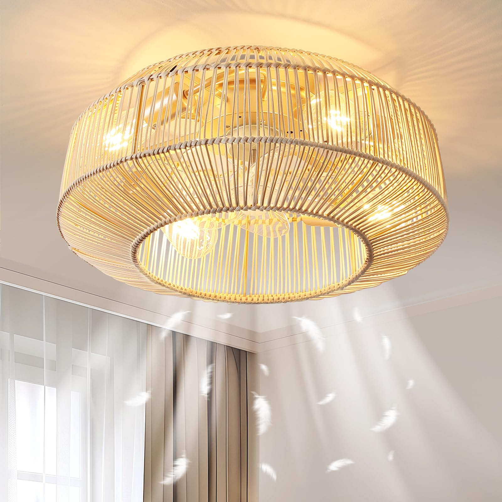 Photo 1 of 20" Boho Rattan Ceiling Fan with Lights, Flush Mount Caged Ceiling Fan with Remote, 6 Speed, Timing, Reversible Blades Enclosed Farmhouse Fan Lights for Bedroom, Kitchen