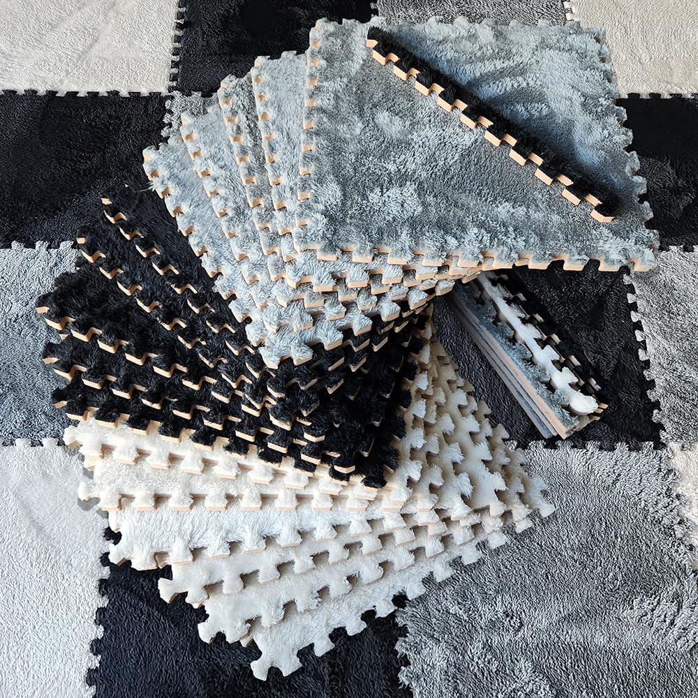 Photo 1 of 16 Piece Carpet Squares Puzzle Mat 49" x 49" Plush Interlocking Carpet Tiles, Foam Floor Tiles for Baby Play Mat - Kids Soft Play Mats Anti Slip Jigsaw Flooring Playmat Playroom Rug (Black,Gray,White)