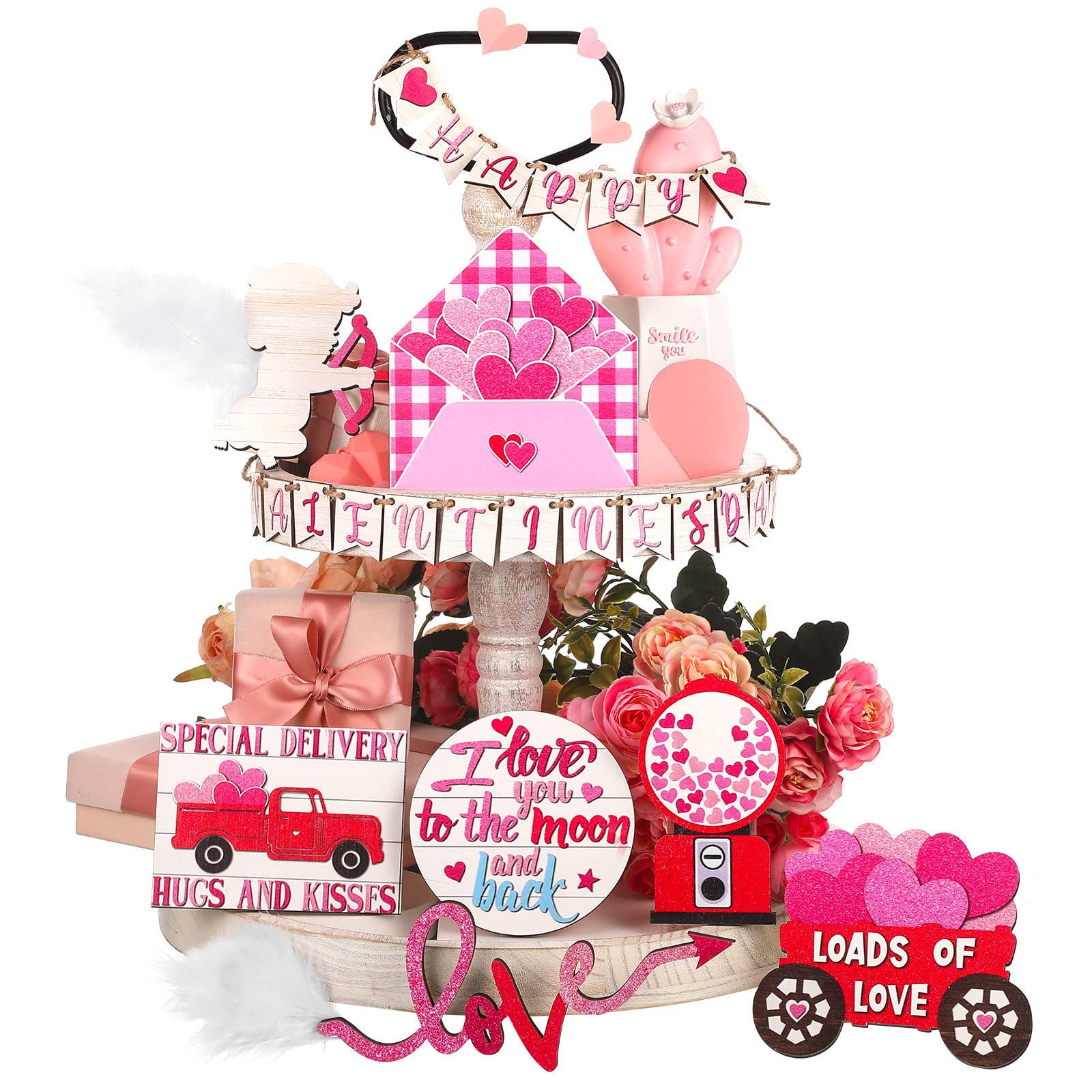 Photo 1 of 11 Pcs Valentine Tiered Tray Decor Set Wood Valentine's Day Farmhouse Table Decor, Heart Wooden Tabletop Signs for Home (Heart Style)