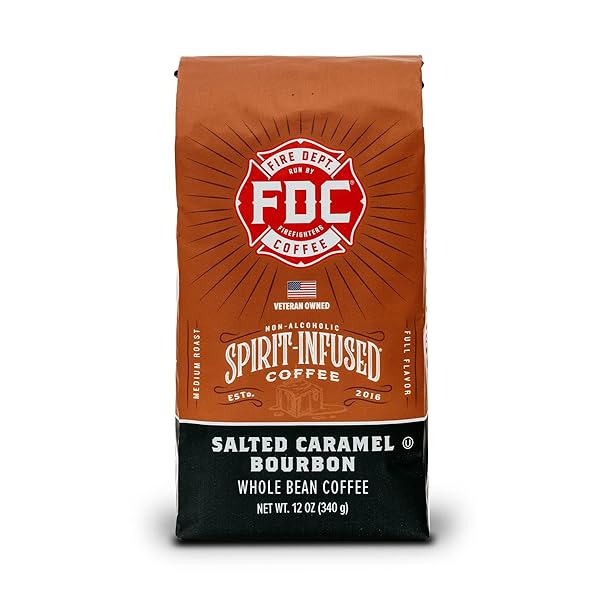 FIRE DEPARTMENT COFFEE – SALTED CARAMEL BOURBON COFFEE – GIVES BACK TO FIREFIGHTERS – PREMIUM BOURBON INFUSED – WHOLE BEAN MEDIUM ROAST – NON-ALCOHOLIC – ROASTED IN THE USA – VETERAN OWNED – 12 OZ