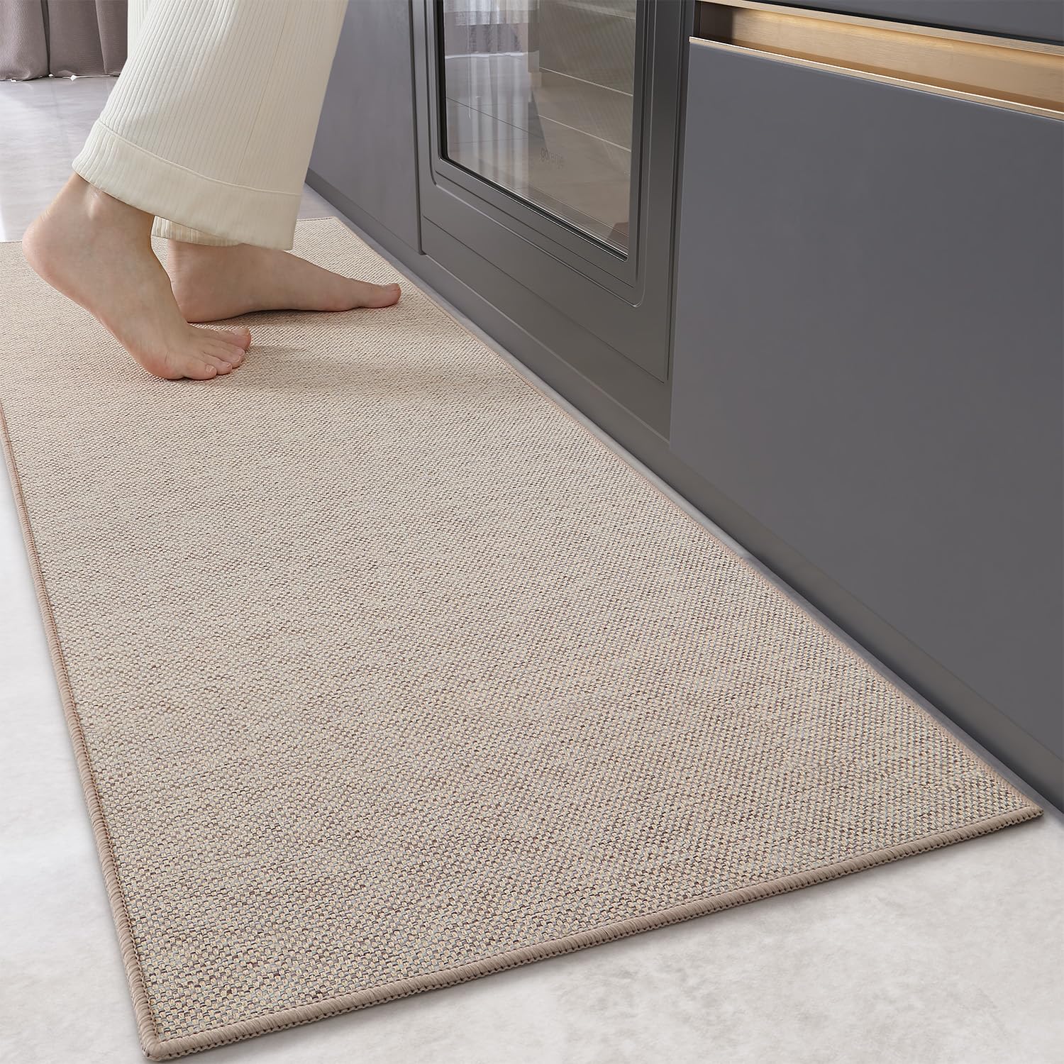 COLOR&GEOMETRY Kitchen Rugs Non Slip Washable 43x180cm, 4mm Thin Woven Rubber Backed Kitchen Runner Rug, Absorbent Easy to Clean Floor Mats for in Front of Sink, Laundry Room, Hallway, Khaki