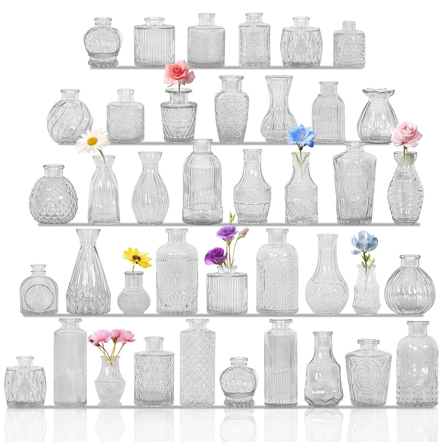 Photo 1 of Set of 40 Glass Bud Vases, Small Clear Glass Vases in Bulk, Mini Vintage Embossed Flower Vase for Wedding, Centerpieces, Birthday Party, Baby Shower, Home Table Decorations (Clear)