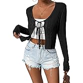 MACNOORA Tie Front Tops for Women Sheer Knit Cardigan Openwork Bolero Shrug Cover Up Sweater with Floral Details, S-XXL
