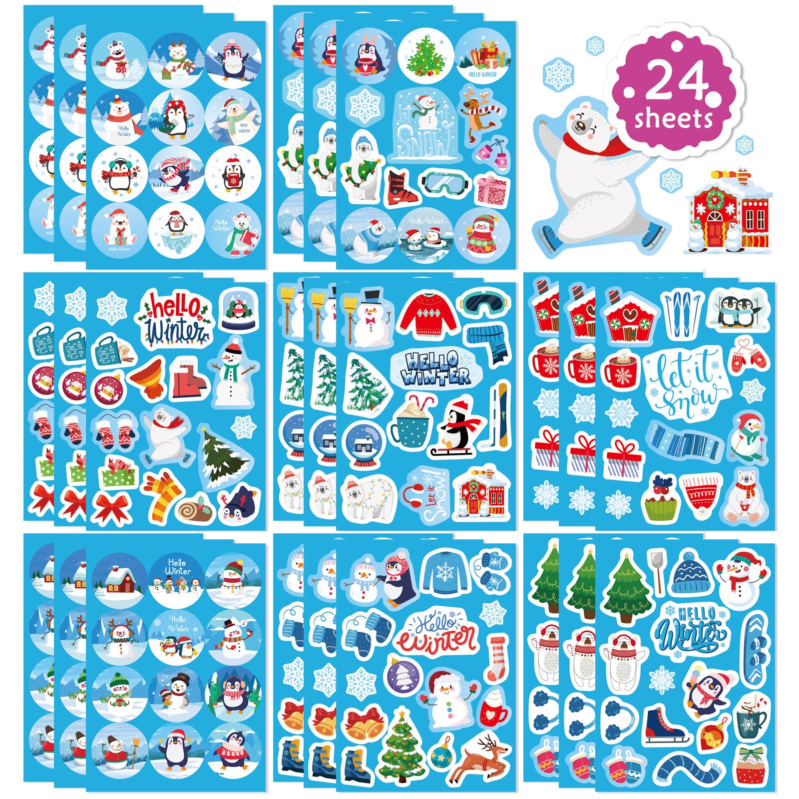 Photo 1 of 330 PCS Winter Stickers for Kids, Winter Holiday Stickers with Santa Claus Snowman Christmas Tree Penguin,Hello Winter Snowflake Stickers Decor for Envelopes Cards Scrapbooking, Teacher Reward Sticker