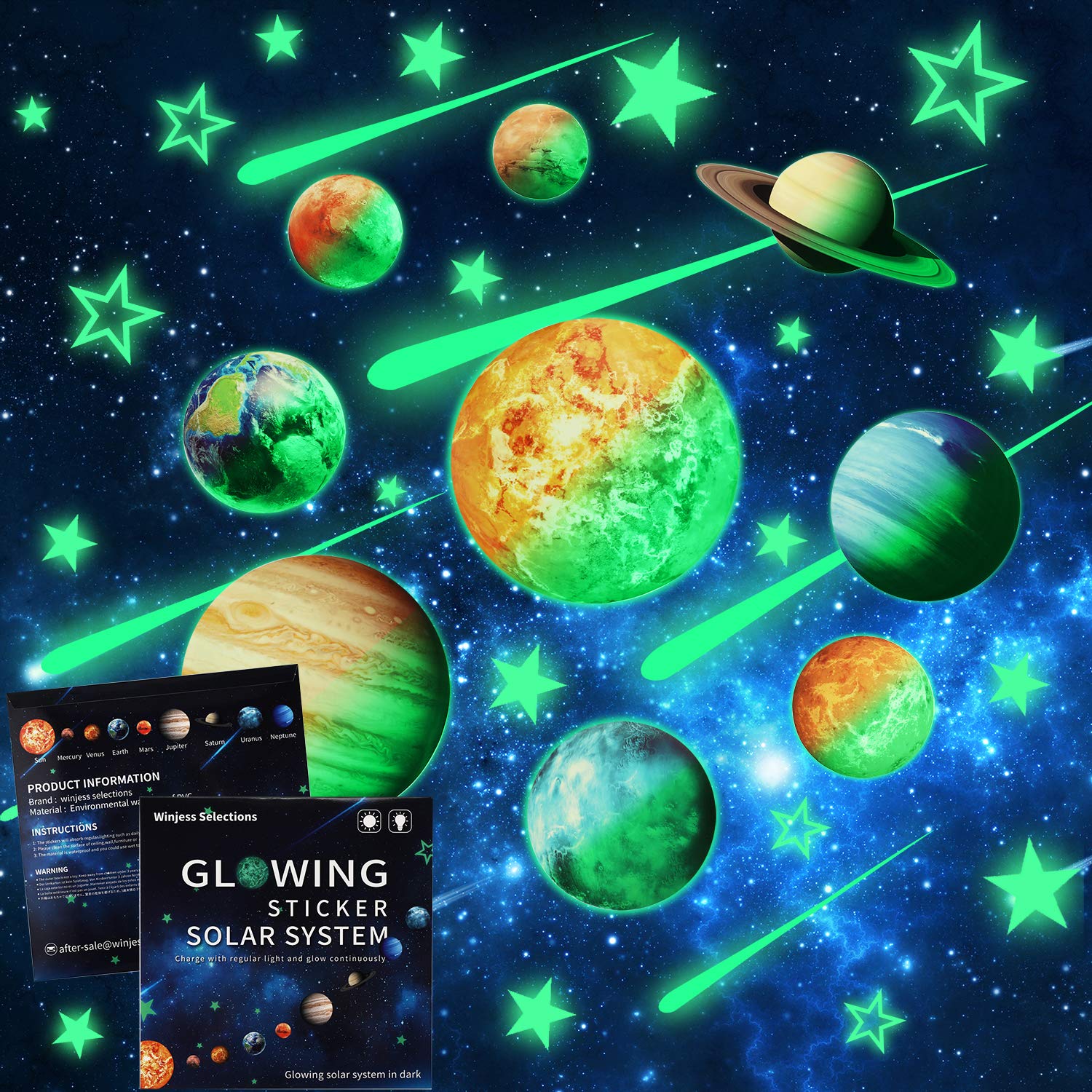 Winjessselections 48pcs Glow In The Dark Stars Planets Wall Stickers Adhesive Wall Ceiling Decal Set Peel Off Solar System And Stars For Kids Bedroom
