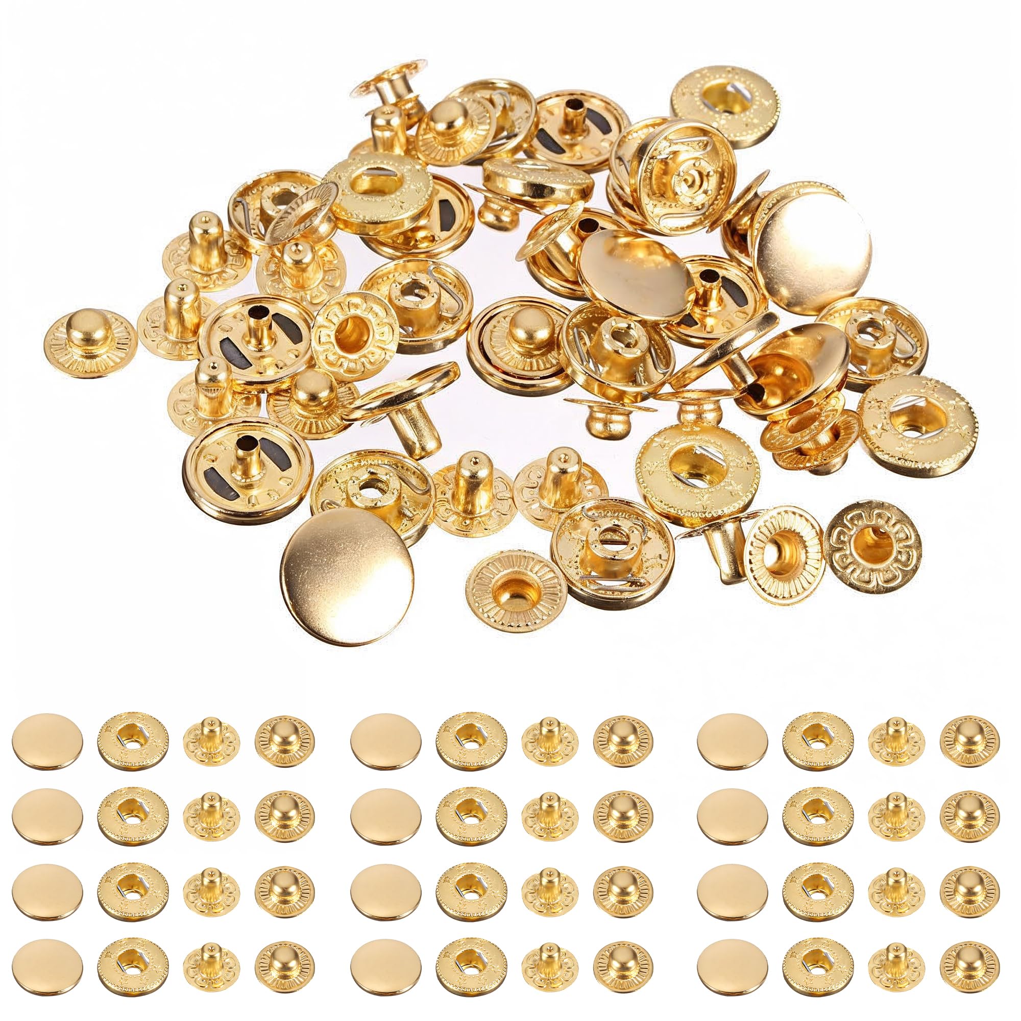 Trimming Shop 12mm S Spring Press Studs 4 Part, Durable and Lightweight, Metal Snap Fasteners for Jackets, Jeans, Leather Craft, Straps and Sewing Projects, Clothes Repair, Gold, 100pcs โ image 1