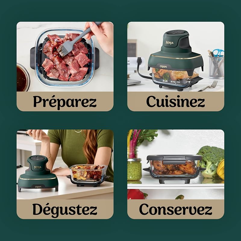 CRISPi Air Fryer Design Compact, 3,8L + 2,3L + 1,4L, 4-en-1: cuisson à l'air chaud, rôtisserie, maintien au chaud, croustillant, 3 récipients en verre amovibles avec couvercles, Vert, FN103EUGN — photo 8 sur 8