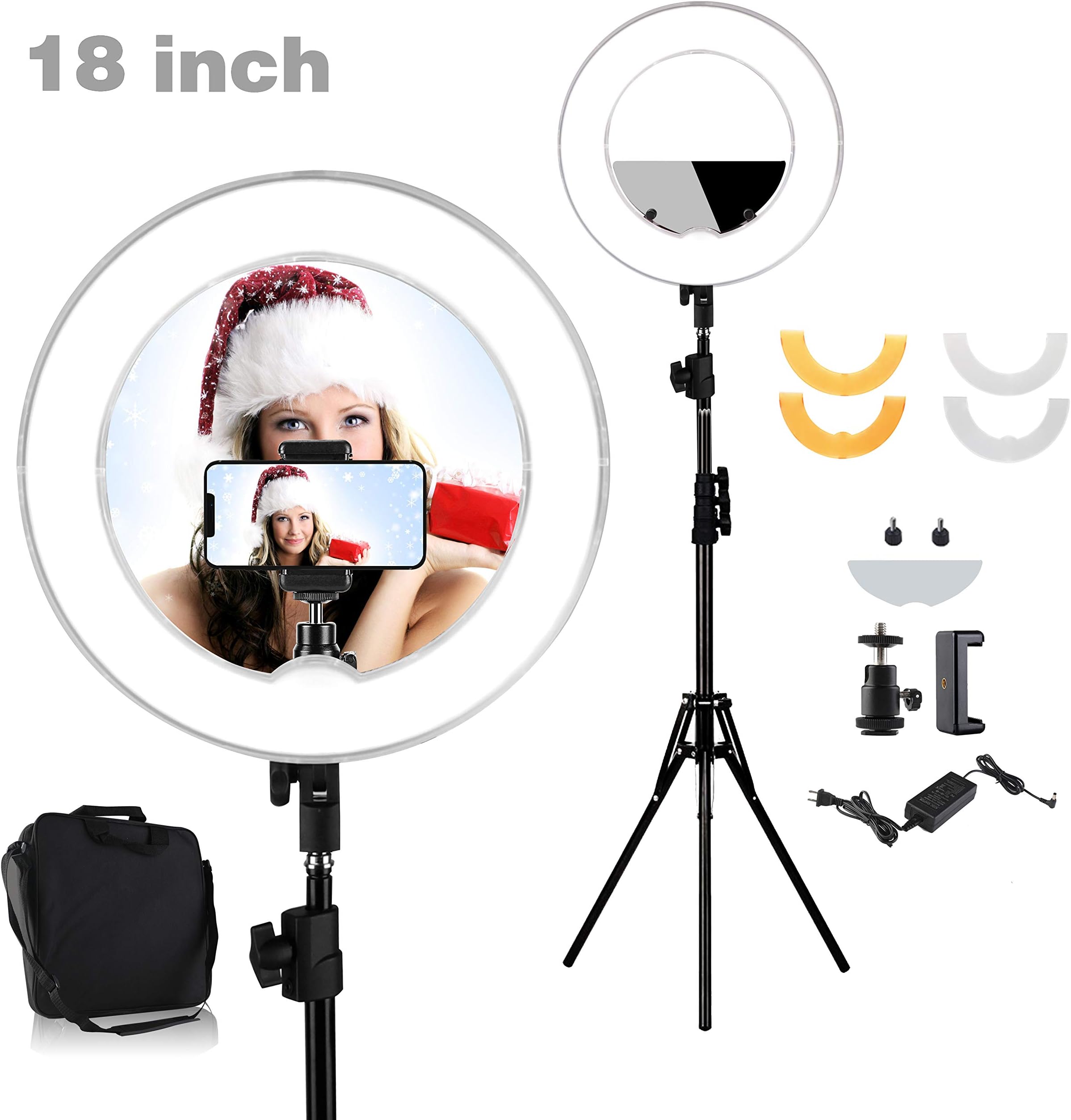 Lusweimi 18" 55W 2700-5500K LED Round Ring Light Kit Adjustable Colored With Stand Mirror, Warm/White Color Temperature Camera Mirror YouTube Video Makeup Lighting Circle selfie IphoneX/XR/XRMAX