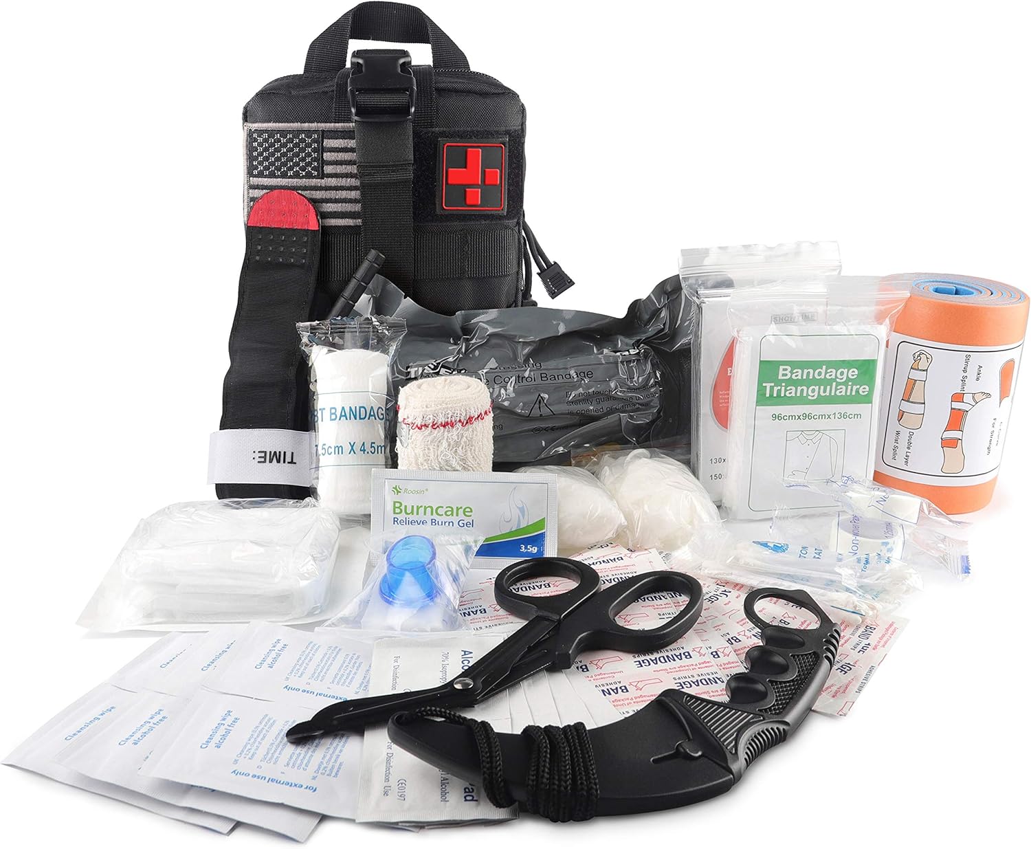 Emergency Survival First Aid Kit with Tourniquet, 6" Israeli Bandage, Splint, Military Combat Tactical Molle IFAK EMT for Trauma Wound Care, Battle, Bleeding Control and More (Black): Health & Personal Care