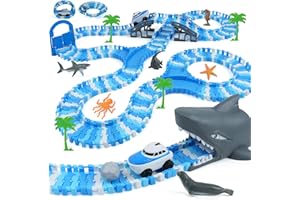 QPOU Ocean Race Track Toy Set for Kids - Birthday Gifts for Boys Age 3 4 5 6 7 Years Old, 240+ PCS Flexible Track Set with Vehicles and Shark Head Tunnel, Creative Building Playset