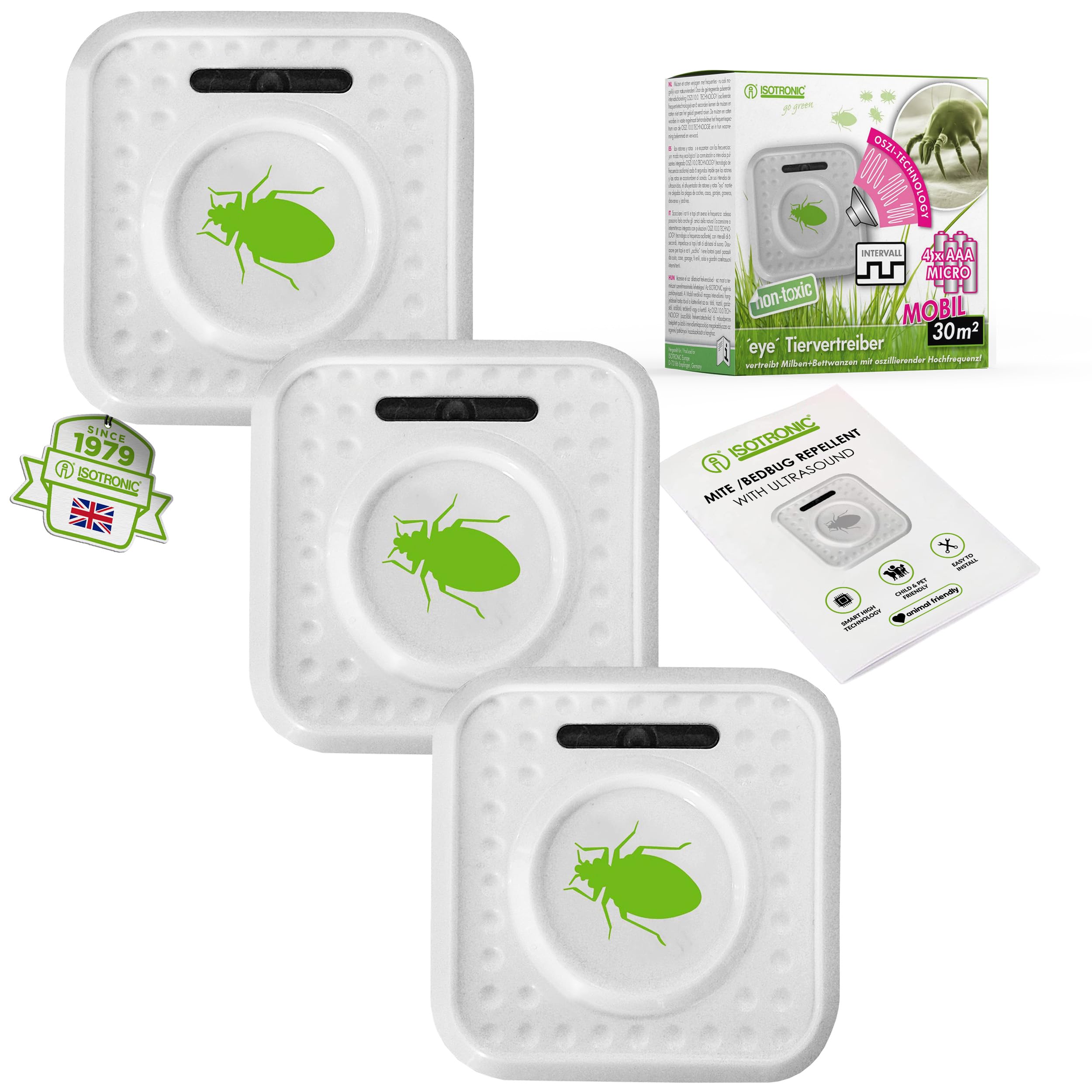 ISOTRONIC® Insect Repellent Against bedbugs and Mites, ultrasonic scarer Indoor Sonic Guard for Sleeping Room, Hotels, Bed Protection, 3 Pieces with Batteries (Included)