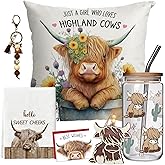 Palasarkaaa Spring Highland Cow Gifts for Women Cow Lovers, Birthday Friendship Gifts Set of 6 for Sister Coworker with 16oz Cute Cows Glass Coffee Cup Hello Sweet Cheeks Pillow Cover & Cute Keychain