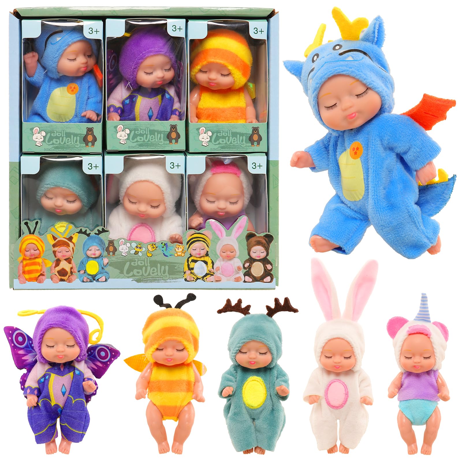 Miunana Baby Doll Set - 6 Piece Mini Dolls, Washable PVC Material, Realistic Movable Toys for Girls and Toddlers (Set-1)