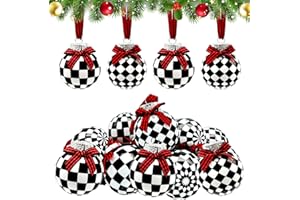 MEDOORE 12 Pieces Black and White Winter Balls Black and White Checkered Ball Ornament Farmhouse Christmas Hanging Balls Ornaments with Buffalo Check Bow Christmas Tree Decor for Home