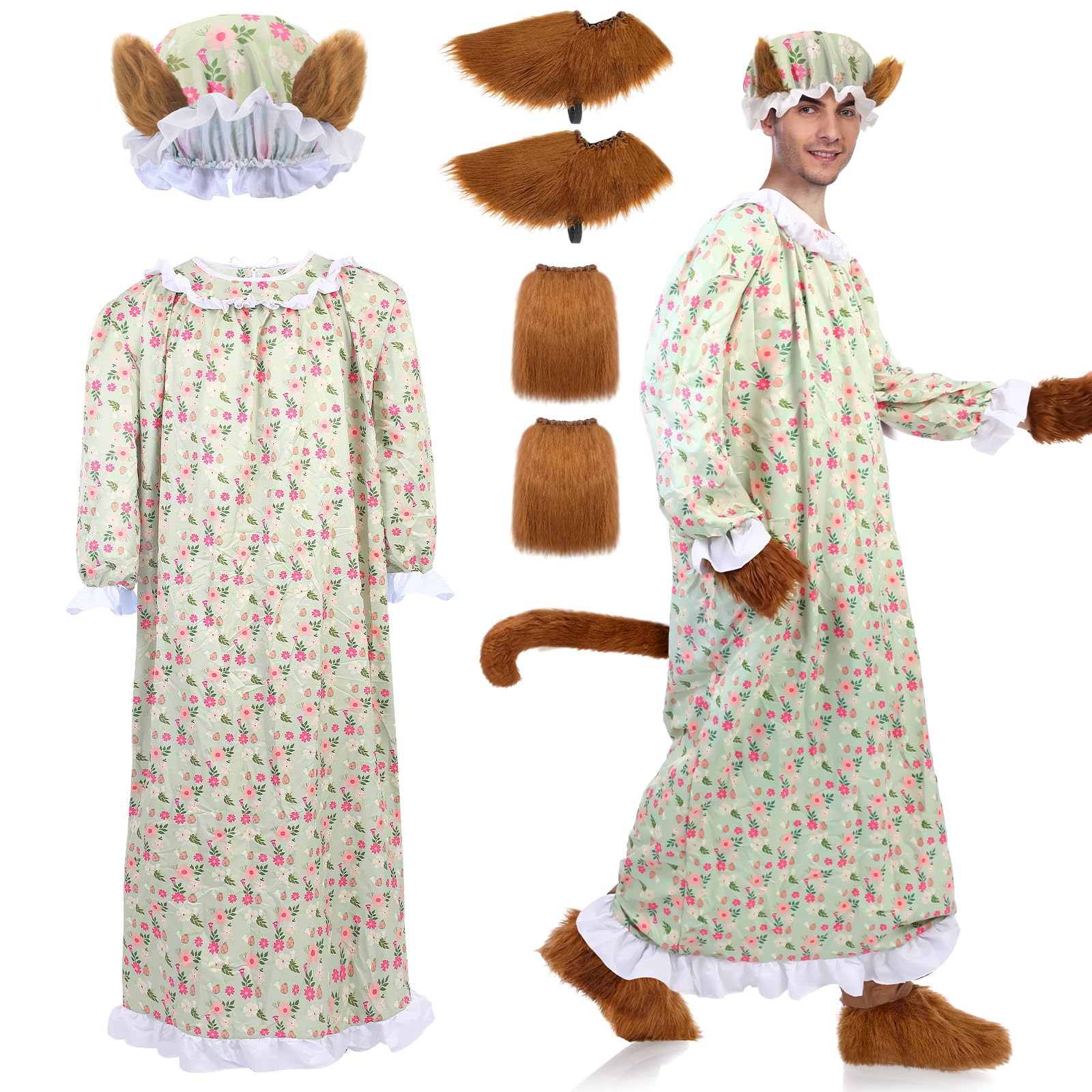 Photo 1 of Skicuff 4 Pcs Halloween Granny Wolf Costume Set of Floral Print Dress with Tail Wolf Claws Gloves Shoes Cover and Hat Fairy Tale Dressup for Adult Unisex Outfits Cosplay(Green Pink)