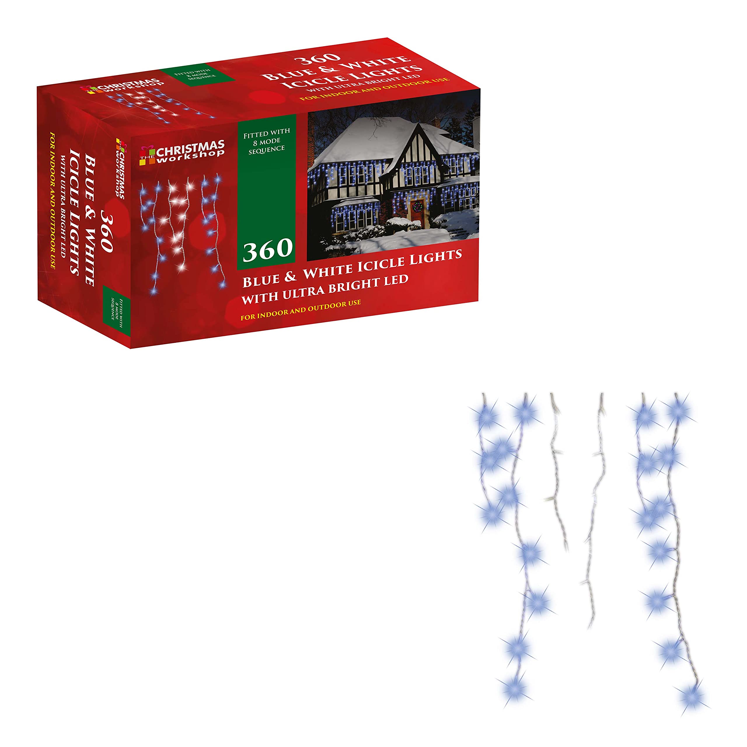 Christmas Workshop 78650 360 Icicle LED Outdoor Christmas Lights | 8.5 Metres | Blue & White Colour | Indoor & Outdoor Fairy Lights | Weddings & Gardens | 8 Functions | Mains Powered — image 1