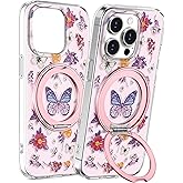 Loheckle for iPhone 13 Pro Max Case with Stand- Compatible with MagSafe Women Girls Cute Girly Unique Design Soft TPU Magnetic Ring Phone Cover for Apple 13 Promax, Butterfly Flower