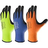 COOLJOB 3 Pairs Safety Work Gloves with Grip Latex, High-vis Assorted Colors in Orange Blue Yellow, Rubber Dipped Coating for Moving, Gardening, Farming, Package Handler Postal Worker, Large